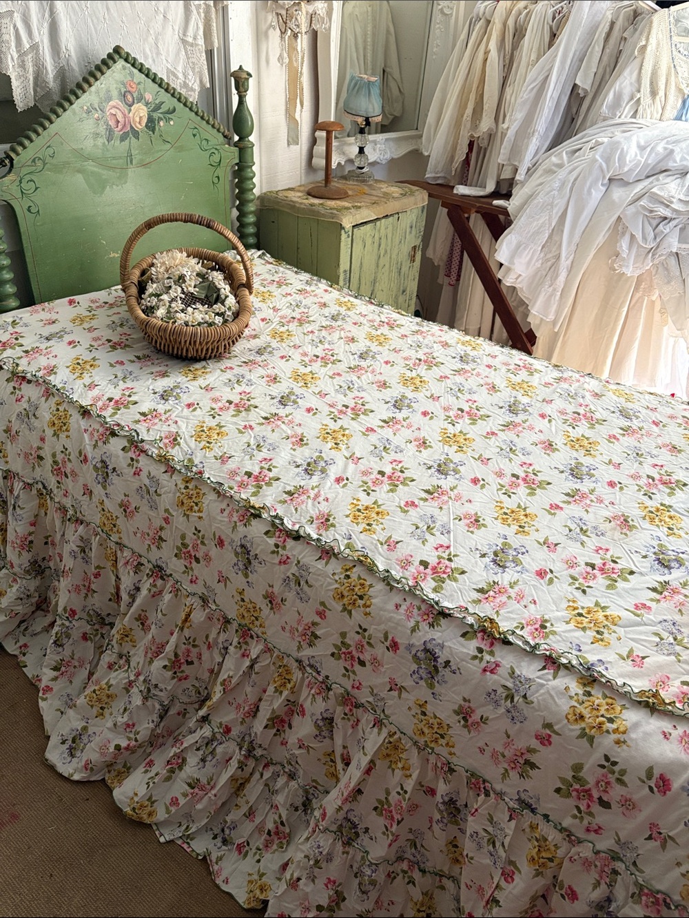 Floral Ruffled Comforter - White with Pink & Yellow Flowers